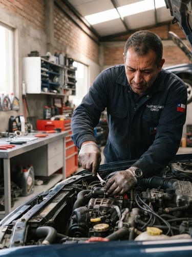Un mecánico local de Curicó revisando el motor de un auto en un taller limpio, con herramientas organizadas, luz natural brillante, enfoque en las manos.