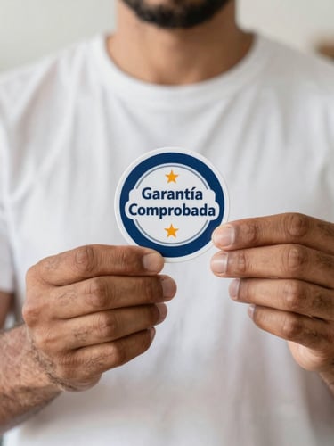 Close-up of a confident local tradesperson's hands holding a 'Garantía Comprobada' badge, with a blurred background of a clean workshop, bright natural daylight.