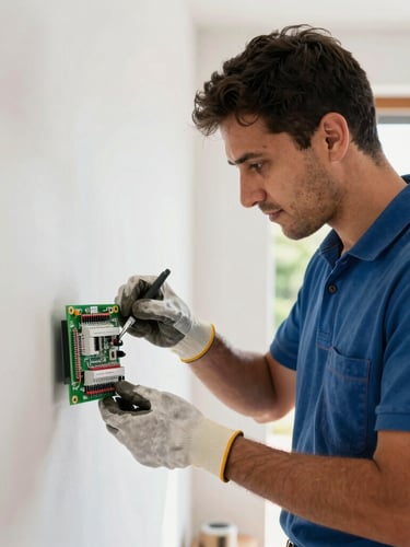 Medium shot of a local electrician checking a circuit board, hands visible, wearing work gloves, in a modern home in Curicó, bright natural daylight, sharp focus, professional and confident demeanor.