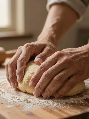 Close-up macro shot of hands gently kneading dough for thekua on a rustic wooden surface, flour dusting the fingers, warm editorial food photography, golden-hour window light, shallow depth of field
