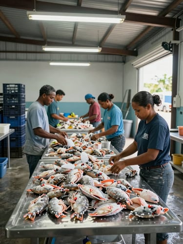 Wide shot of a Caribbean packhouse interior, workers in the background sorting and packing frozen seafood on stainless steel tables under cool overhead warehouse lighting, product crates stacked to the left, natural daylight entering from a loading bay door on the right