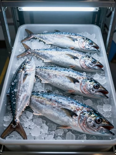 Close overhead shot of frozen mahi-mahi fillets arranged in a cold storage tray under cool fluorescent warehouse light, ice crystals visible on the flesh surface, industrial metal shelving in background