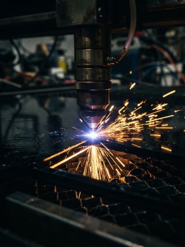 Close-up of a CO2 laser cutting dark acrylic sheet with sharp golden laser sparks, high-contrast dramatic workshop lighting, macro focus, 35mm