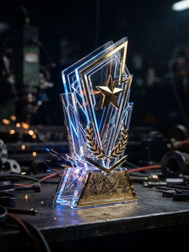 Macro shot of a high-precision laser-cut acrylic trophy with sharp gold accents, dark workshop background, sharp focus, dramatic industrial lighting