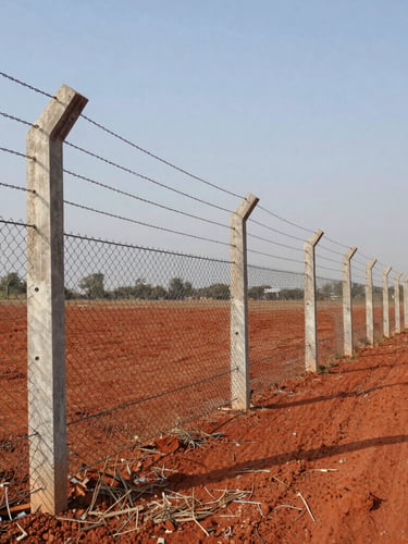 Wide-angle shot of a long, tension-tightened chain link fence stretching across a red soil farm in Gujarat under bright midday sun, reinforced concrete posts visible.