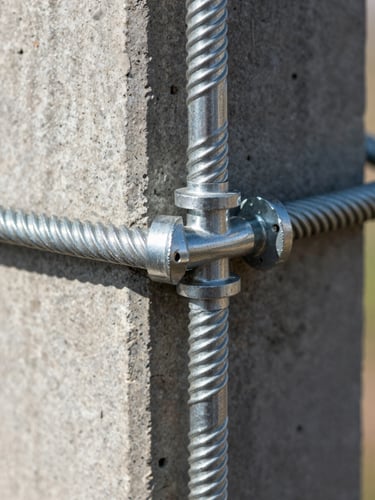 Close-up shot of thick galvanized steel wire tension joint secured to a reinforced concrete pole, harsh sunlight highlighting the metallic sheen