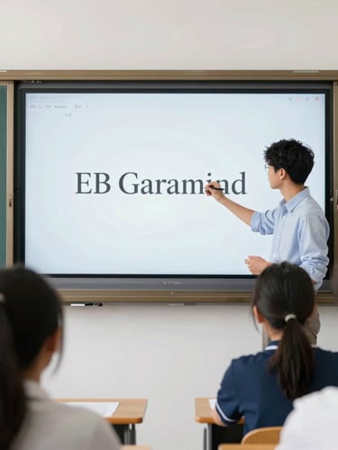 Bright documentary photography, medium shot of a student in a modern smart classroom using an interactive digital board, natural daylight, sharp focus, EB Garamond brand aesthetic.