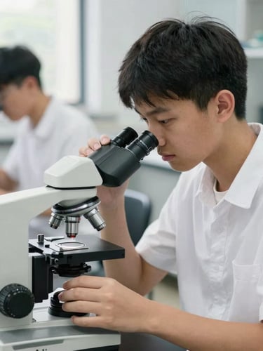Medium portrait shot of a high school student in a clean modern science laboratory, carefully adjusting a microscope, bright natural daylight, sharp focus.
