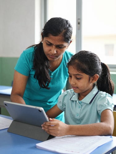 Bright documentary photography of a mother and daughter in Samastipur reviewing school assignments on a tablet, soft window light, warm and focused.