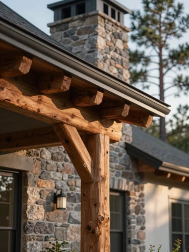 Close-up of a timber-frame exterior corner on a custom Grand County home, rough-sawn beam ends visible against a stone chimney, morning north light casting soft shadows, pine trees blurred in the background