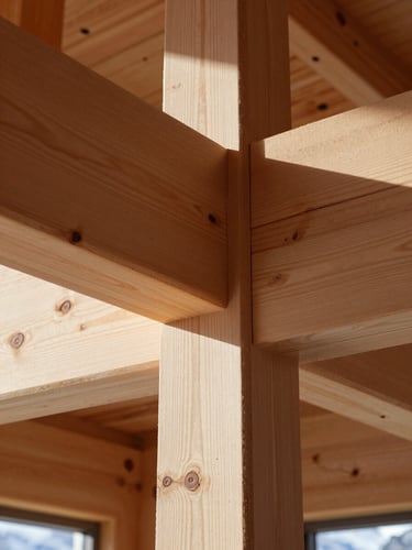 Close-up of hand-fitted timber beam joinery inside a completed mountain home, morning north light falling across the grain, the precision of the cut visible in shadow and highlight, no people present