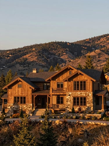 Wide environmental shot of a finished custom mountain home set against a forested Grand County hillside at golden hour, warm amber light raking across timber and stone facade, sky pale and clear above the ridge