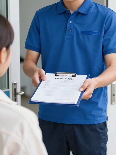 A professional delivery courier in a clean blue uniform handing over a secure document folder to a recipient at an office door, bright natural daylight, crisp focus
