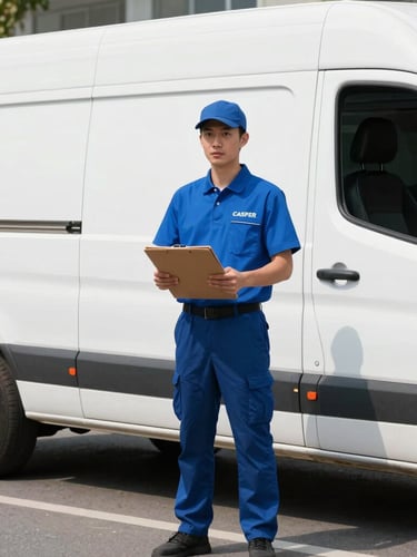 A professional courier holding a secure document folder next to a clean white delivery vehicle on a bright Casper street, daylight