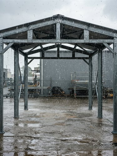 Straight-on eye-level shot of a heavy steel carport frame standing solid under a heavy downpour, sharp water droplets, high-contrast daylight, clean industrial setting