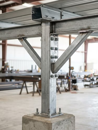 Straight-on eye-level medium shot of heavy-duty steel joints of a carport structure under bright natural daylight, clean workshop setting, sharp focus