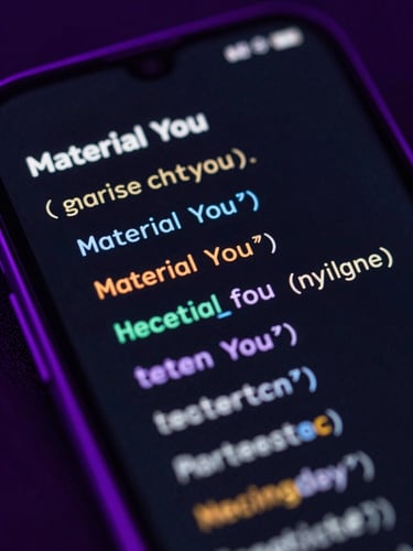Macro close-up of a physical Android screen displaying code lines and Material You interface elements, moody low-key studio lighting, neon violet edge-glows, deep dark tones.