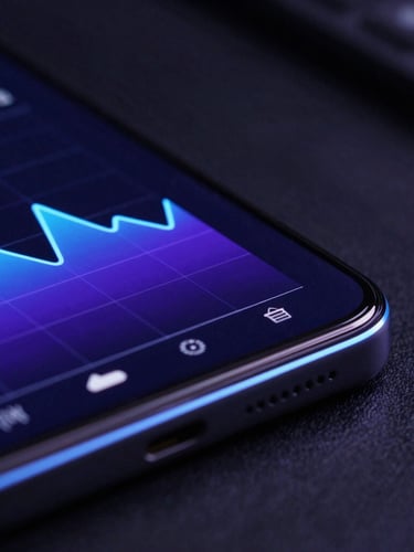 Macro angled perspective shot of a sleek Android phone displaying a performance monitor graph with vibrant blue and purple lines, neon edge-glows reflecting on the dark glass screen, dark workspace background.