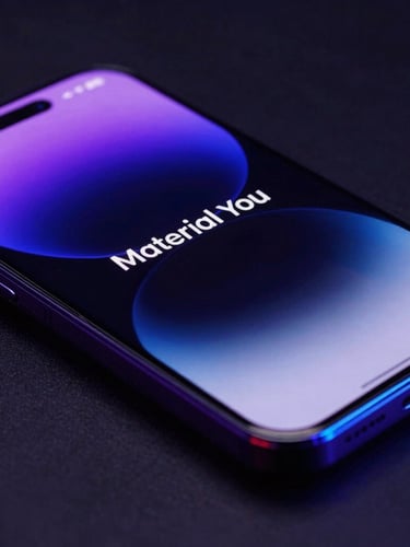 Sleek technology photography, macro close-up of a physical Android smartphone screen displaying a fluid, abstract Material You interface, glowing purple and blue neon edge-glows reflecting off the dark curved glass, low-key moody studio lighting.