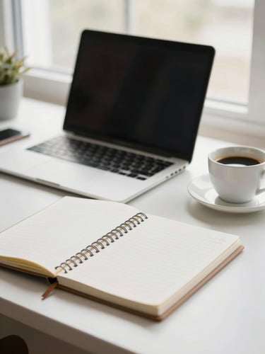 An organized workspace with a laptop, a professional notebook, and a cup of coffee, soft morning light filtering through a window, shallow depth of field