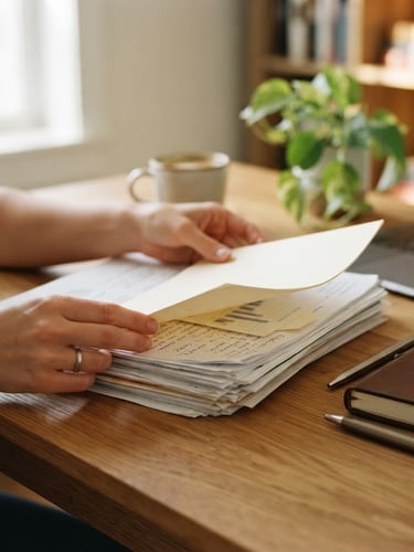 Close-up of hands organizing physical documents on a clean wooden desk, bright natural daylight, professional notebook, soft warm tones, 35mm