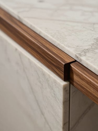 A close-up portrait of a custom walnut wood joint meeting a slab of honed Travertino marble, warm low-angle architectural lighting highlighting the rich textures, sharp focus, negative space on the left.