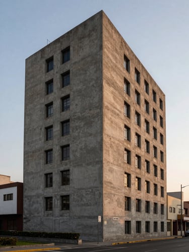 Plano vertical de la residencia Casuarinas, mostrando la transición perfecta entre el volumen de concreto y el paisaje de Lima a la hora azul.
