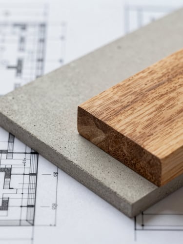 Extreme close-up of a technical architectural blueprint overlaid with a clean, raw concrete sample and a warm oak wood block, soft side lighting