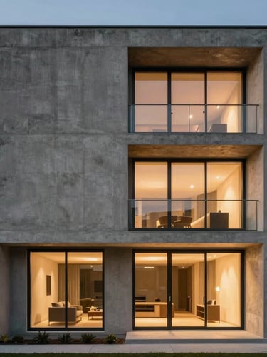 Straight-on architectural elevation of a raw concrete residential facade under dramatic twilight, warm interior lighting glowing through floor-to-ceiling glass, crisp geometric lines, negative space on the left.