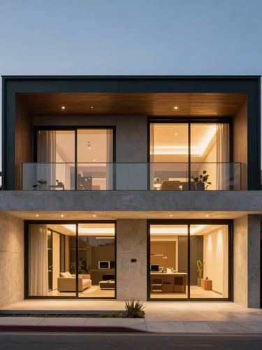 Straight-on architectural elevation of a premium modern residential villa at twilight, warm low-angle lighting glowing from open glass facades, raw concrete and dark steel lines, Surco Lima style.