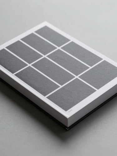 Straight-on orthographic projection of a highly structured brand guideline book, cool graphite gray and clean white, sharp high-contrast shadows.