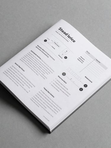 Straight-on orthographic projection of a highly structured brand guideline book on a matte gray surface, sharp high-contrast shadows, clean technical layout.