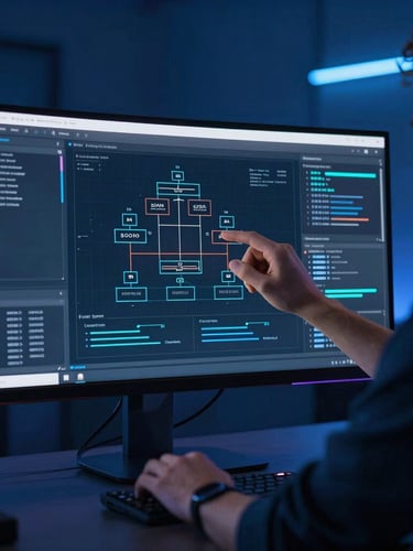Sleek tech photography of a developer analyzing system architecture diagrams on a curved monitor, cool ambient studio lighting, deep blues, neon accents, 35mm