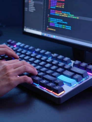 Sleek tech photography, cool ambient studio lighting, deep blues and neon accents, sharp focus, 35mm. Tight macro shot of hands typing on a mechanical keyboard, a clean code editor visible in the background showing complex system configurations.