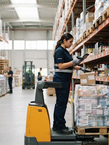 Professional worker in a modern warehouse, focused on a task, natural daylight, clean uniform, medium shot, unposed