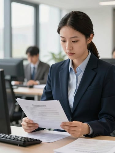 Professional recruitment officer in a modern office, reviewing documents with a focus on compliance, natural daylight, structured corporate portrait.
