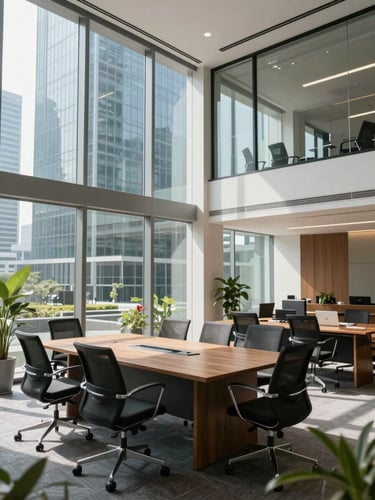 Bright modern metropolitan corporate office interior in Jakarta with natural daylight, glass panels, and professional meeting desks.