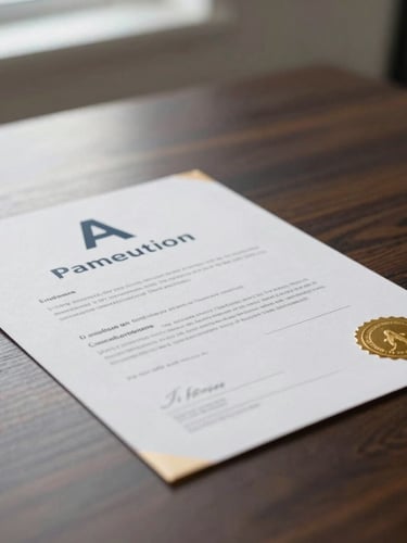 A close-up shot of an elegant physical certification document with clean geometric typography and a gold foil seal, resting on a minimalist dark oak desk, soft natural morning light coming from the side