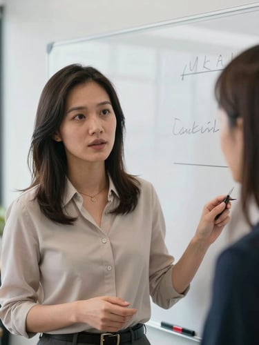 Medium close-up of an engaged professional woman presenting on a whiteboard in a modern Jakarta office, bright natural daylight, high clarity.