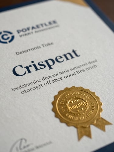 Crisp close-up of a physical professional certification certificate with gold foil seal on textured paper, professional corporate aesthetic.