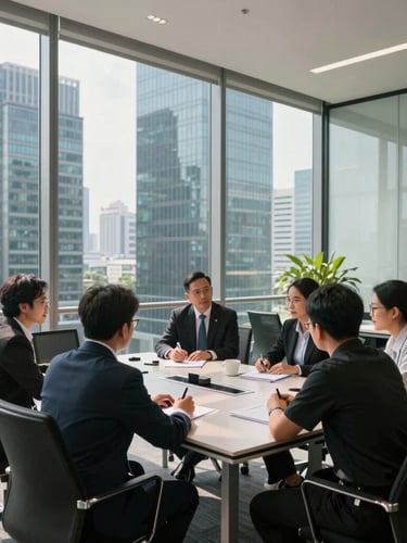 Wide environmental shot of a modern high-rise corporate training room in Jakarta, bright natural daylight, professional team collaborating around a sleek table, high clarity.