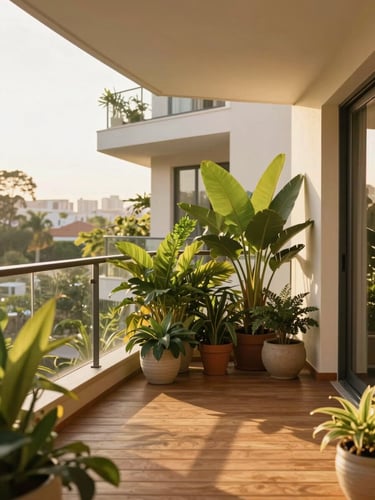 Warm sun-drenched balcony of a luxury apartment, lush green plants, elegant wooden decking, soft morning light, architectural focus, 35mm