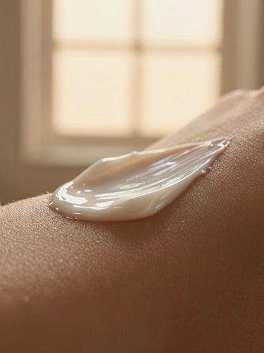 Macro photography of real unretouched skin texture beside a rich cream texture, warm diffused golden-hour window light, 35mm.