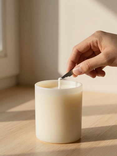 Hands carefully trimming a cotton wick on a textured cream wax candle, soft warm shadows, minimalist wooden background, 35mm photography