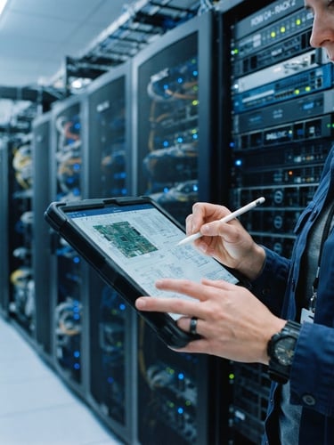 An engineer reviewing schematics on a tablet, with a large, clean server rack in the background, under cool industrial lighting. Sharp focus on the engineer's hands and the screen.