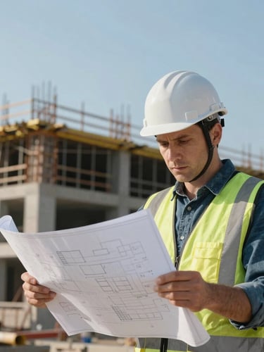 Engineer in a hardhat reviewing blueprints on a construction site with a modern building frame in the background, industrial editorial photography, crisp daylight, cool blue and amber tones, sharp focus, technical detail, 35mm lens