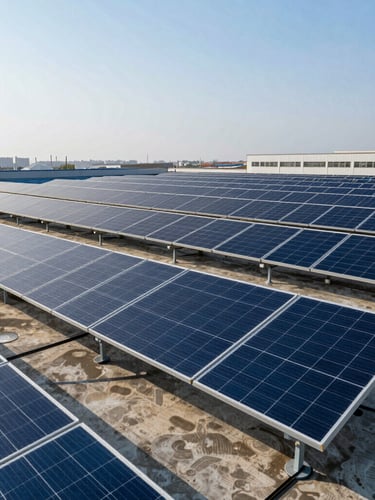 Wide shot of a large-scale commercial solar panel installation on a rooftop under crisp daylight, cool blue tones, sharp focus, industrial editorial photography
