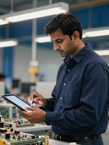 An Indian plant manager reviewing blueprints on a tablet on a clean, modern electronics assembly floor, warm overhead lights, navy blue industrial background, 35mm lens