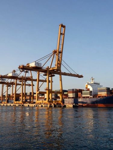 Wide angle shot of Nhava Sheva port terminal at dawn, massive golden container cranes reflecting on the water, deep navy container ships, sharp editorial corporate photography.