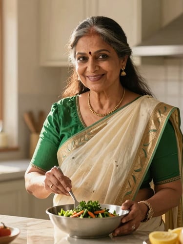Medium environmental shot of Asha, an elegant Indian woman in her 60s, demonstrating a healthy recipe in a bright kitchen, natural golden-hour light, smiling, warm and trustworthy atmosphere.